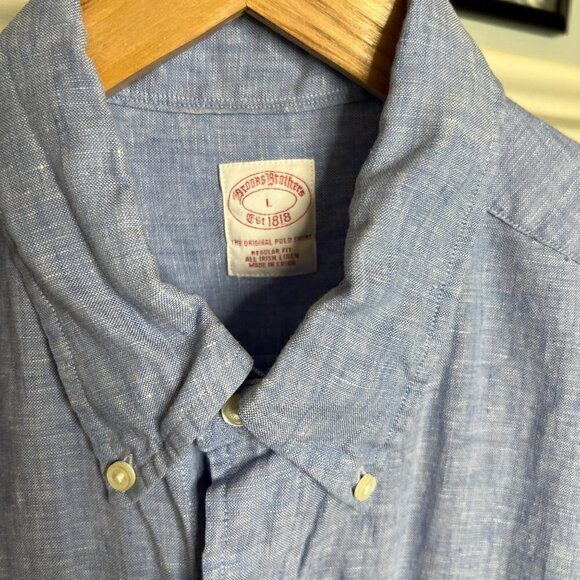 Brooks Brothers Blue Irish Linen Short Sleeved Collared Shirt - Picture 2 of 5